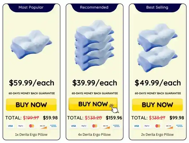 Derila Ergo Pillow Pricing — 1, 2 or 3 Package Options USA